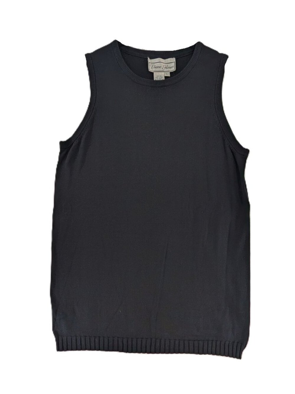Diane Gilman Silk Knit Shell Top Womens Sz Large Black Sleeveless Ribbed Hem VTG
